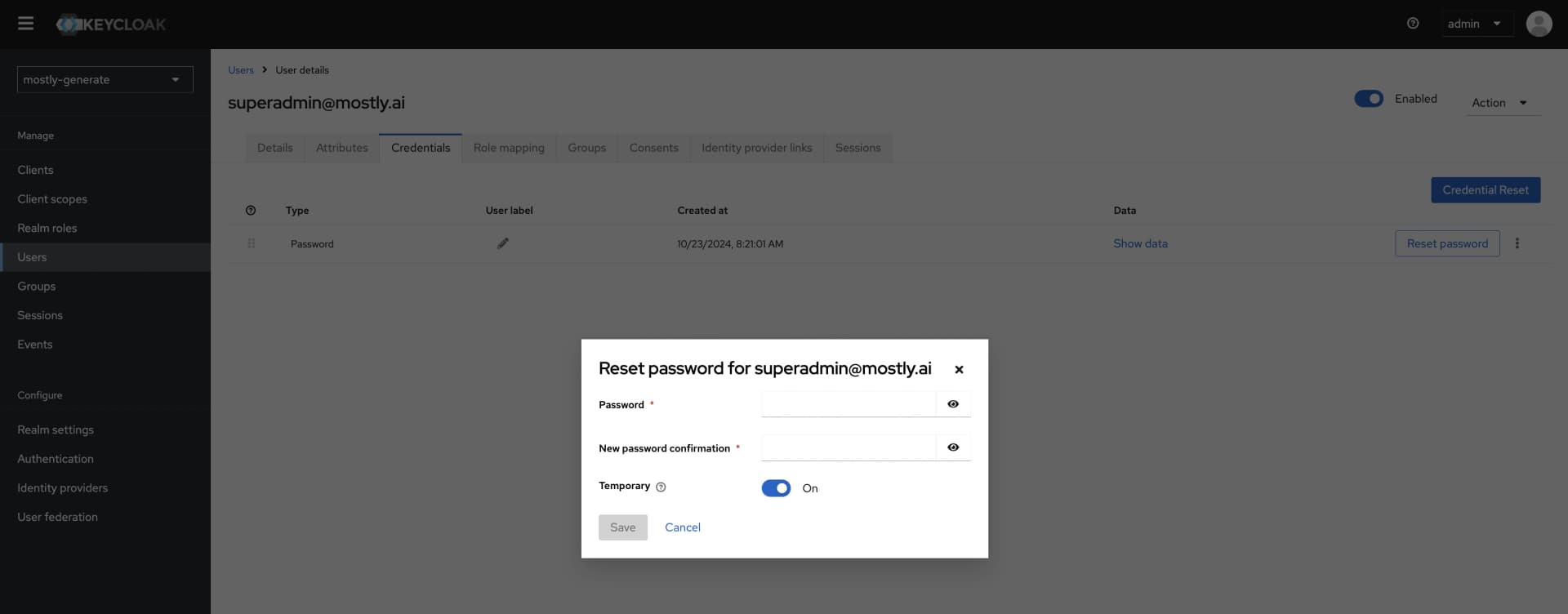 Superadmin credentials tab