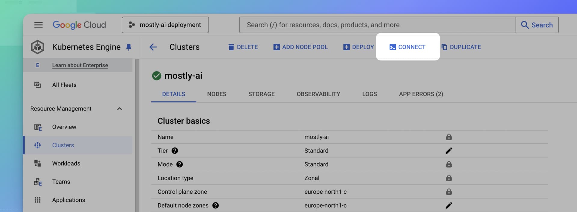 Google Cloud GKE - Select Connect to cluster